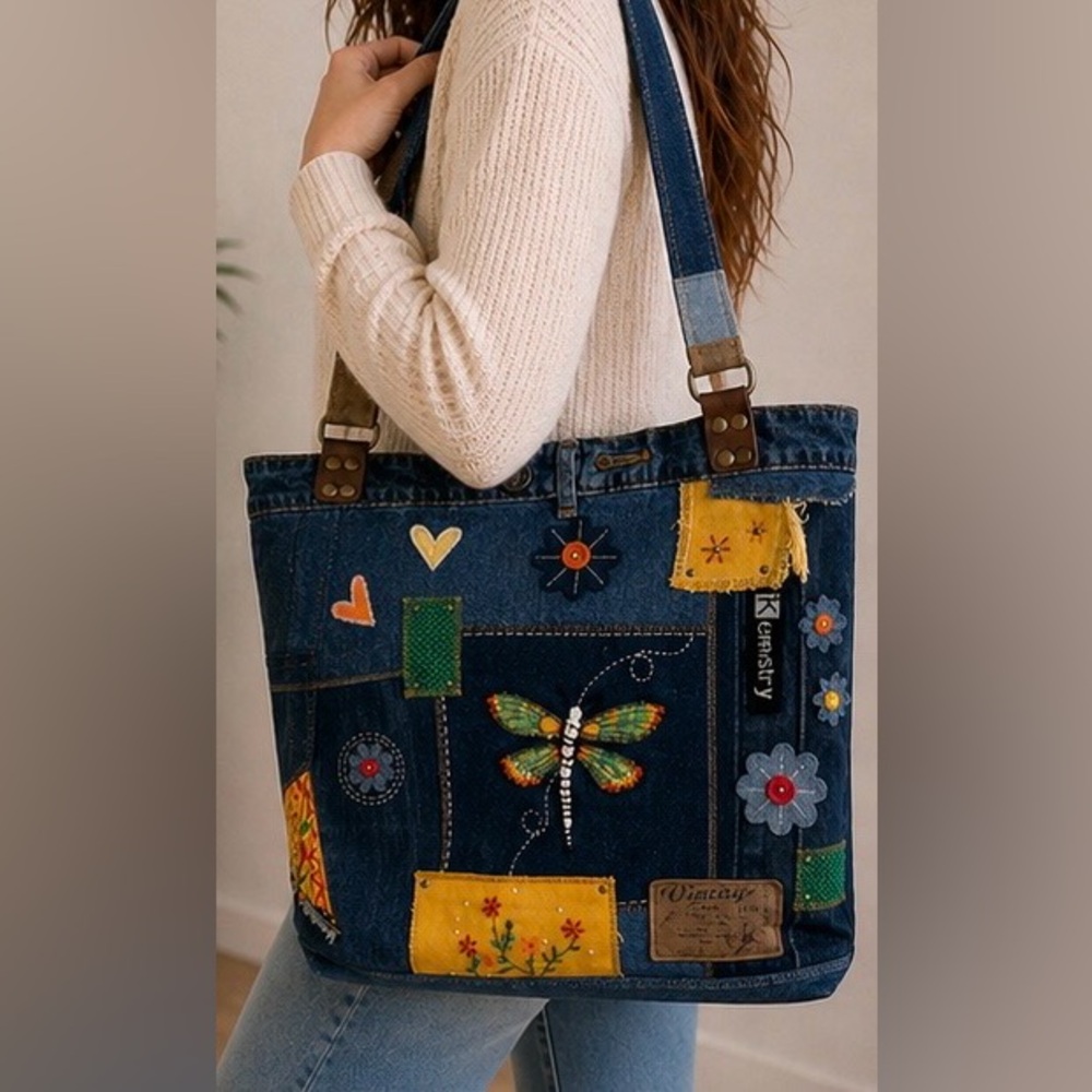 Handmade Upcycled Denim Tote Bag – Dragonfly & Patchwork Design - Picture 2 of 15